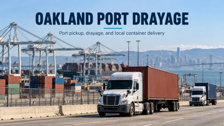 Oakland port drayage services showing a container truck transporting shipping containers at the Port of Oakland, California.