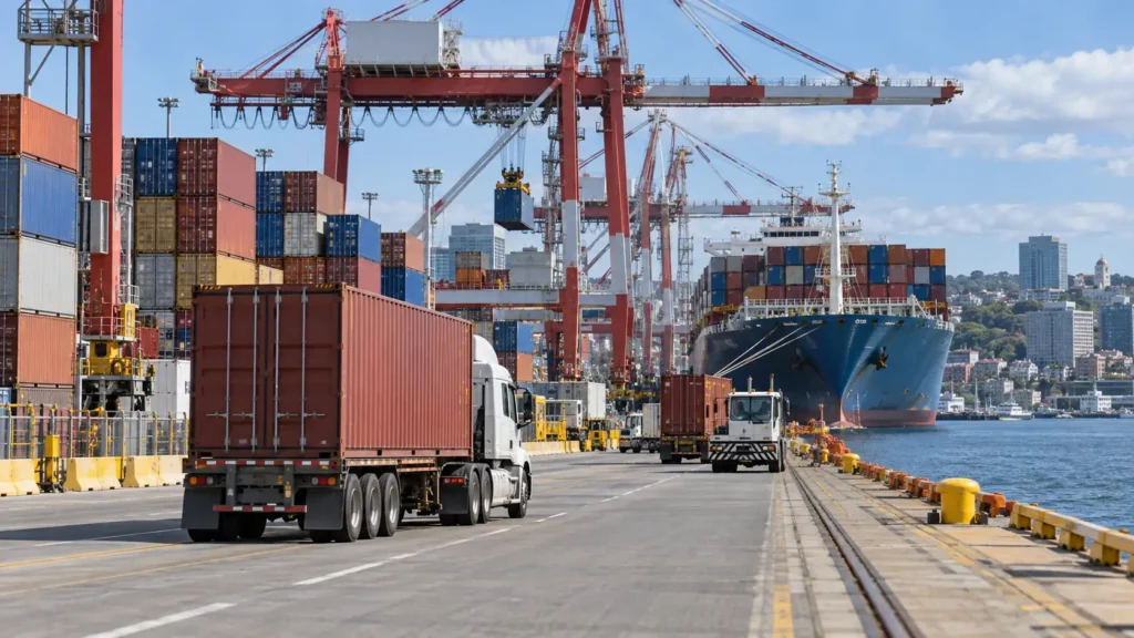 Container truck moving through a port terminal with shipping containers, gantry cranes, and a cargo ship