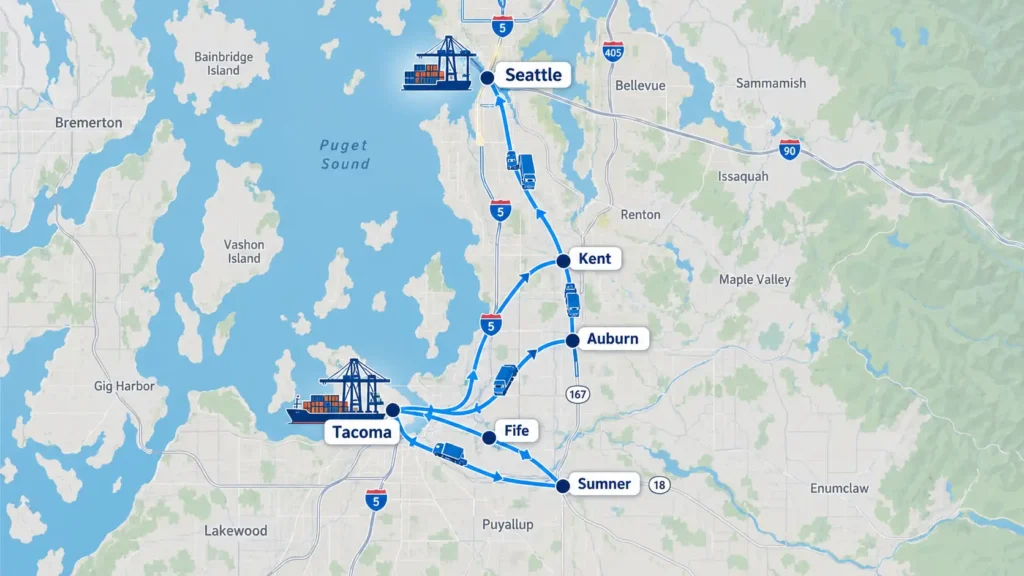 Seattle-Tacoma drayage service area map showing Kent, Auburn, Fife, and Sumner