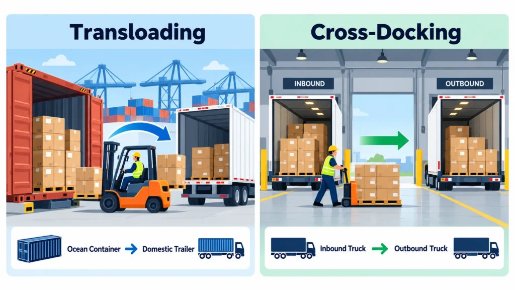 Illustration comparing container transloading and cross-docking, showing cargo transfers from ocean containers to domestic trailers and between inbound and outbound trucks.