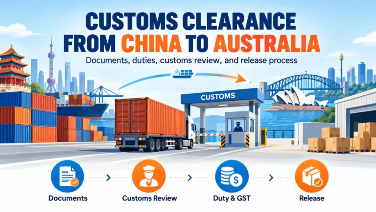 Customs clearance from China to Australia with shipping containers, cargo transport, and Australian import logistics illustrations.