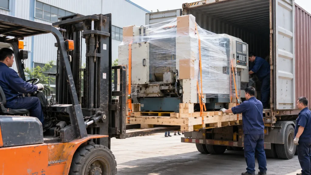 Used industrial machinery secured on a wooden pallet for export shipping
