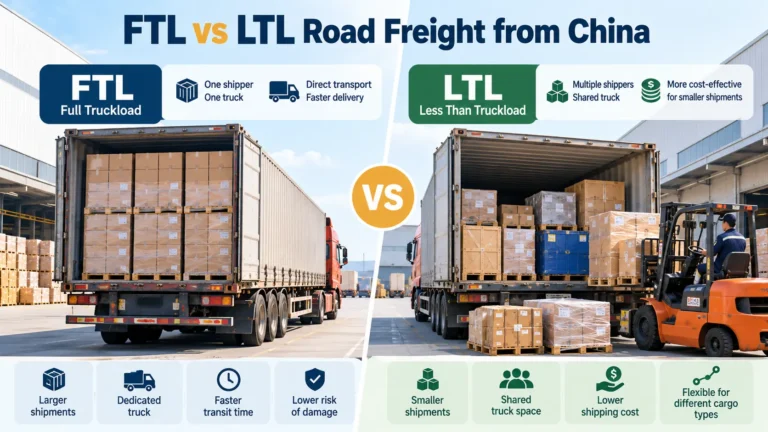 FTL vs LTL road freight from China comparison showing dedicated full truckload shipping and shared less-than-truckload transportation.