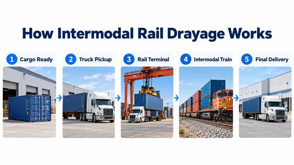 Intermodal rail drayage process showing warehouse pickup, container trucking, rail terminal handling, intermodal train transport, and final delivery in the USA.