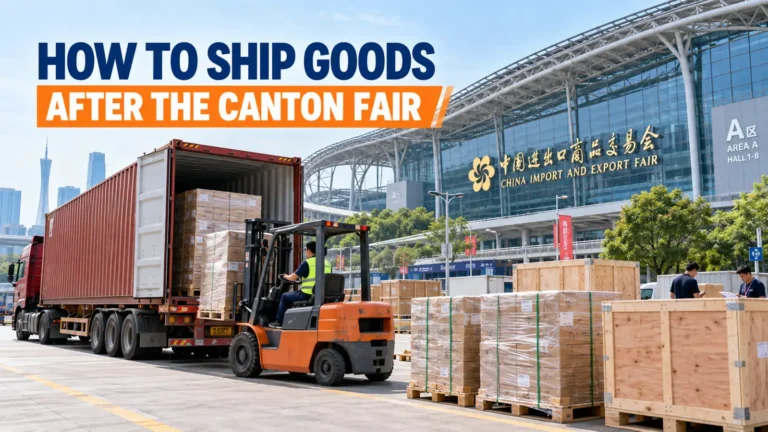 Shipping goods after the Canton Fair with trucks and cargo at a logistics warehouse in China