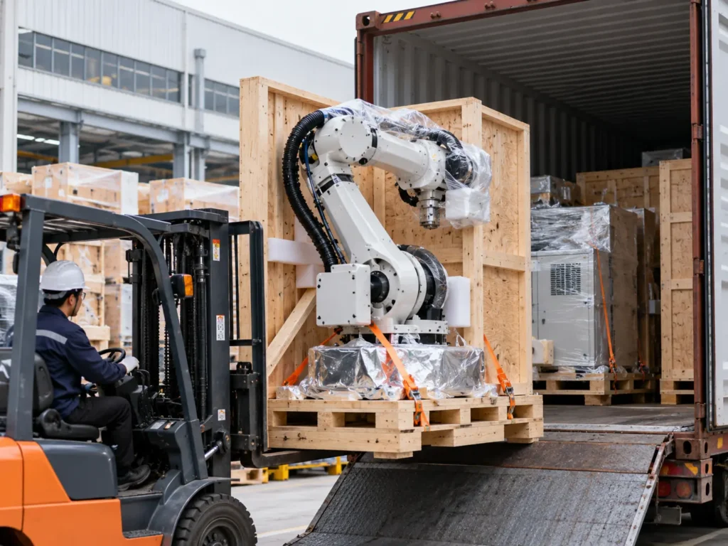 Industrial robot export packaging and shipping with forklift handling