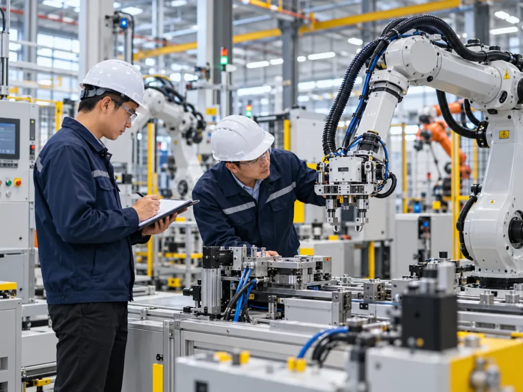 Engineers inspecting industrial robotic arms at a factory in China