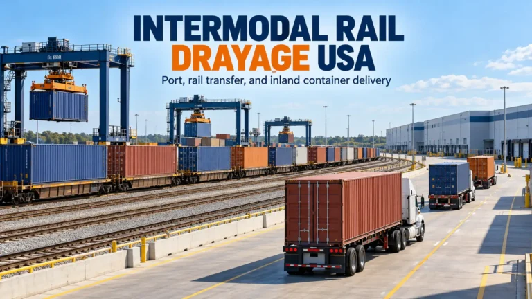 Intermodal rail drayage in the USA showing container trucks, freight trains, and rail terminal operations.