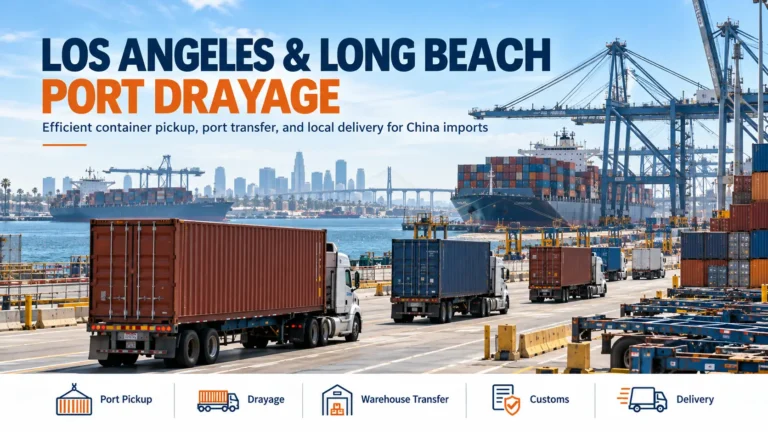 Container drayage trucks transporting China imports at the Ports of Los Angeles and Long Beach, California.