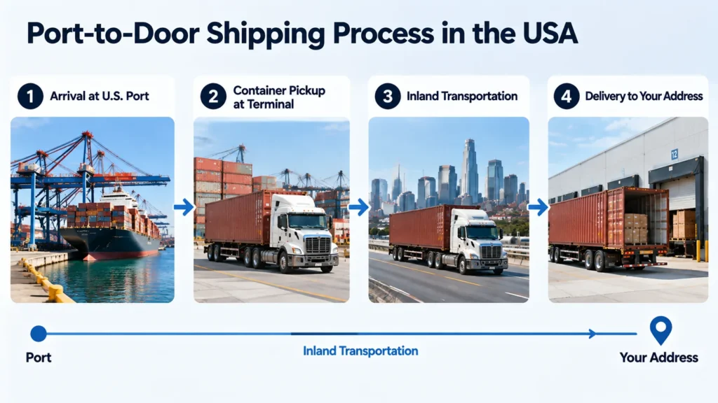 Port-to-door container shipping process in the USA from port pickup to warehouse delivery