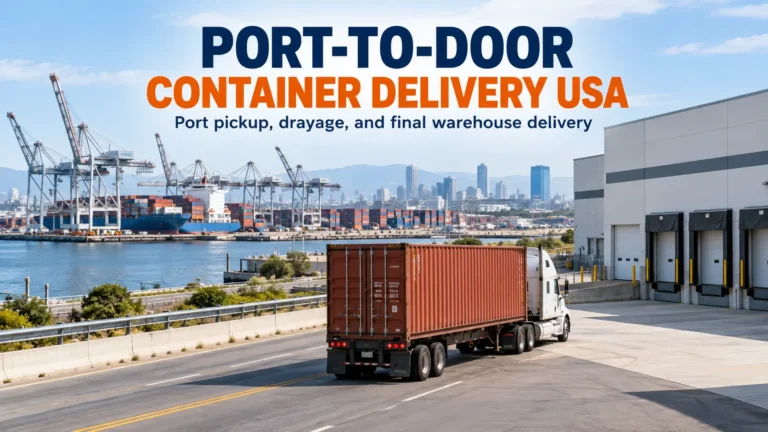 Container truck at a U.S. port for port-to-door delivery