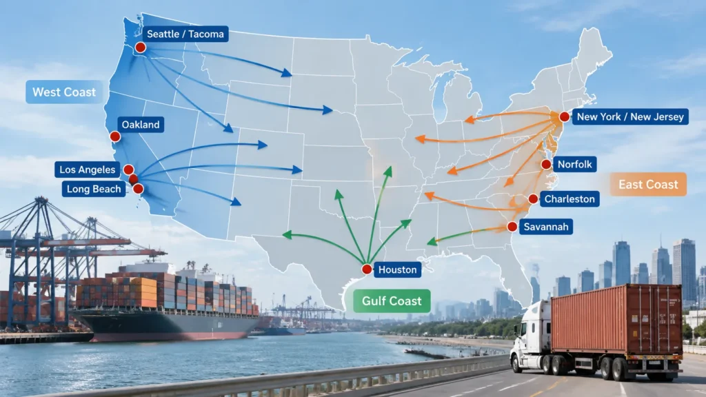 Map of major U.S. ports and inland routes for port-to-door container delivery