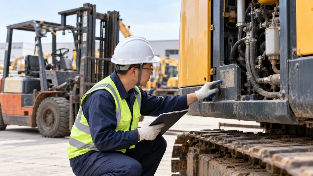Technician inspecting a used excavator identification plate before purchase