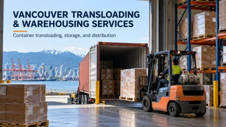 Forklift transferring palletized cargo at a warehouse for transloading and storage