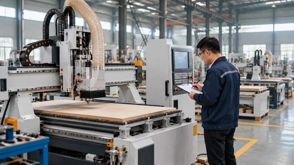 Technician inspecting CNC woodworking machinery in a Chinese factory